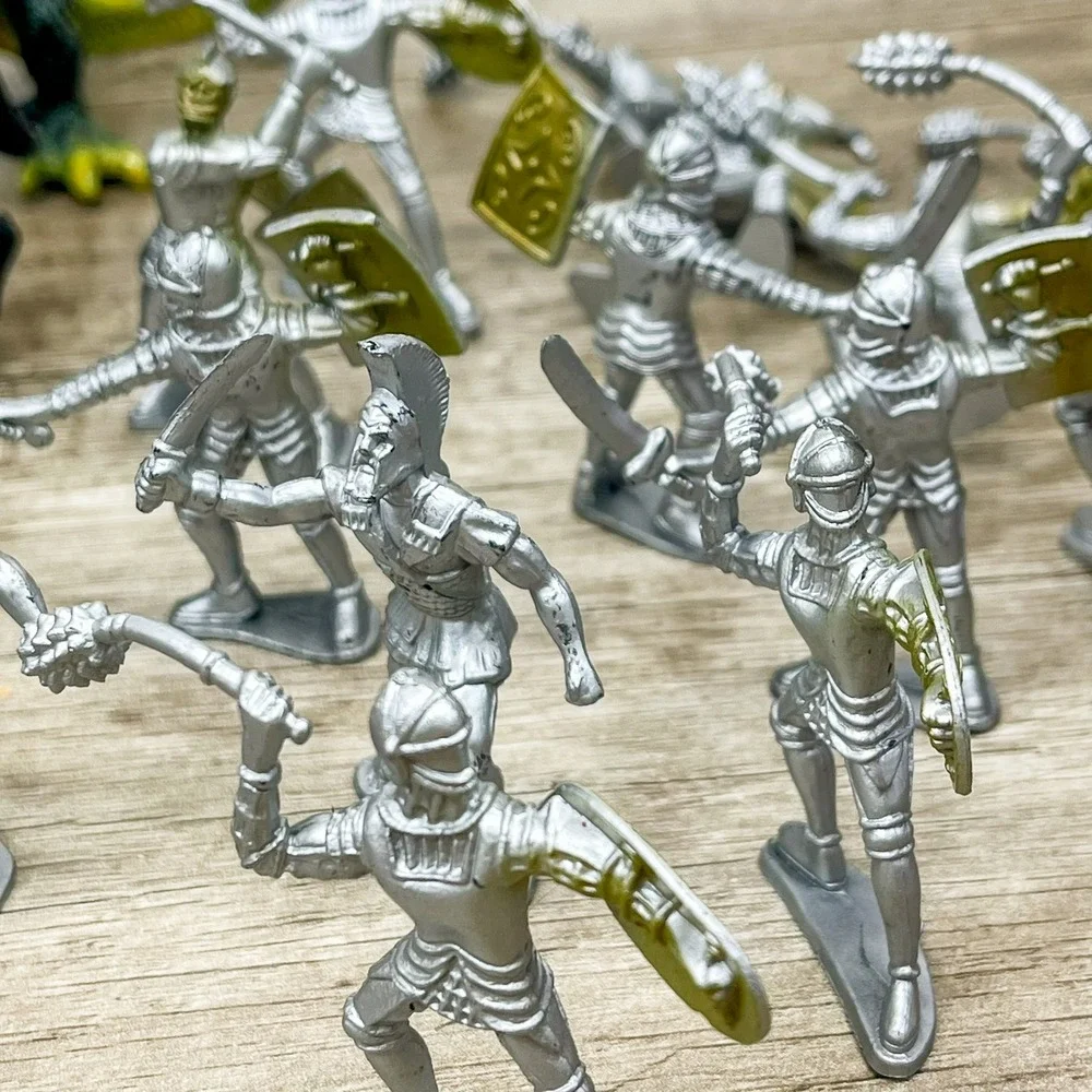 Vintage Plastic Medieval Knights and Dragons Toy Figures Lot Red Silver